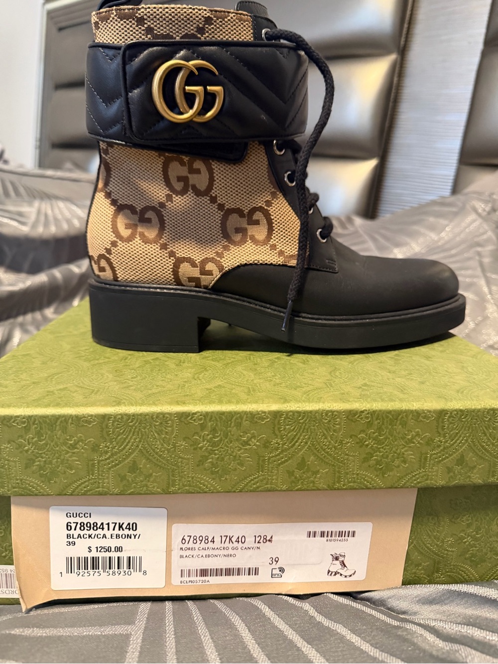 Gucci Black Leather & Beige GG Canvas Lace-Up Combat Boot with Gold Double G